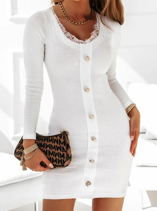 Women Clothing Lace Casual Long Sleeve Narrow Button Autumn Winter Dress Women