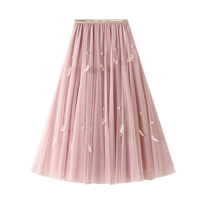 Super Fairy Skirt A- Line Skirt Mid-Length Expansion Skirt Women Autumn High Waist Feather Pettiskirt