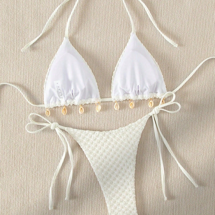 Swimwear Shell Bikini Lace Up Sexy Bikini Women Pure Colored Fresh Split Swimsuit