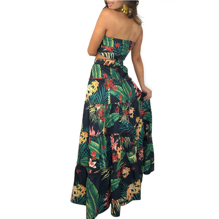 Popular Classic Tropical Leaf Printing Skirt Set Multi Size Wooden Ear Beach Skirt Two Piece Set