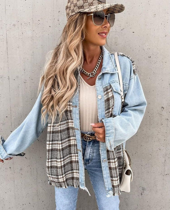 Autumn Winter Denim Stitching Plaid Coat Loose Top for Women