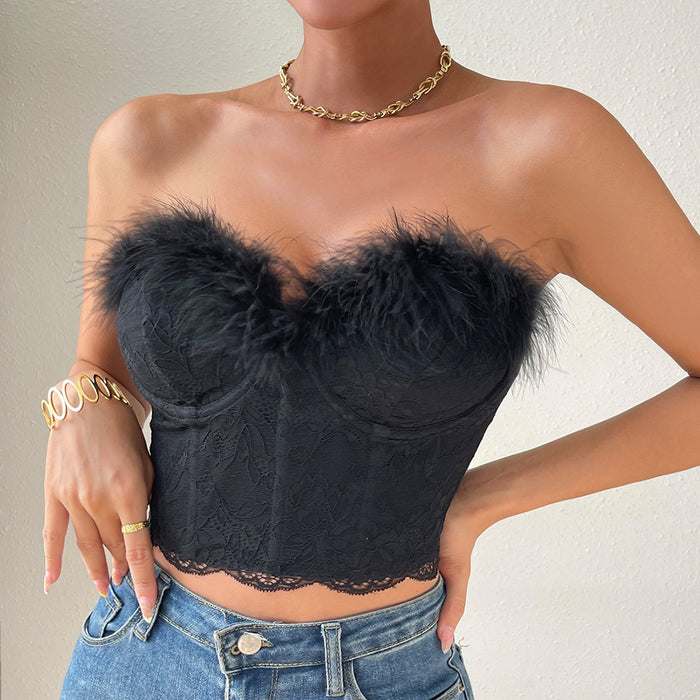 Summer Wear Sexy Lace Low Cut Backless Feather Steel Ring Boning Corset Sexy Tube Top