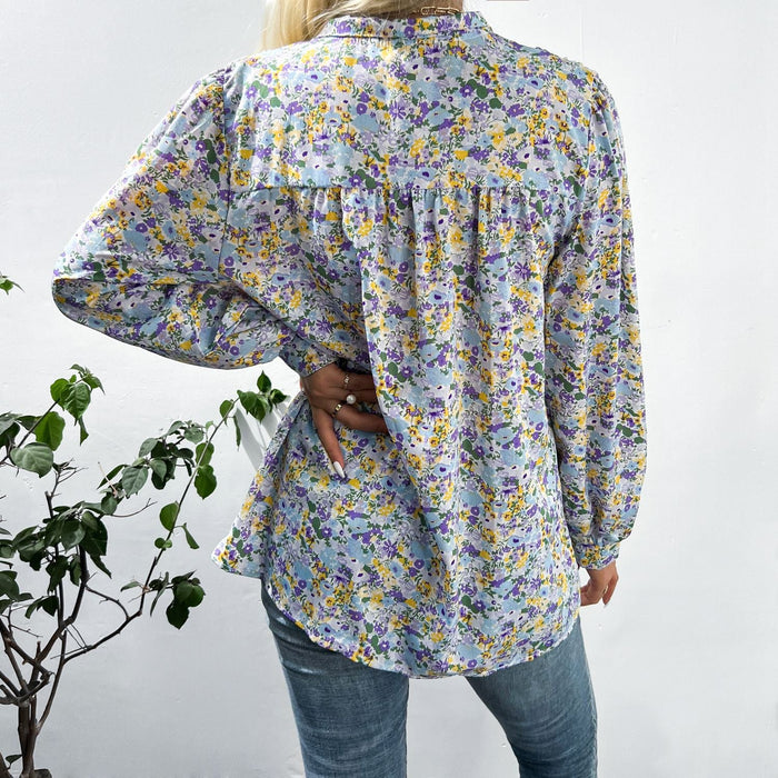 Autumn Winter Wih Printed Shirt Single Breasted Bishop Sleeves Top