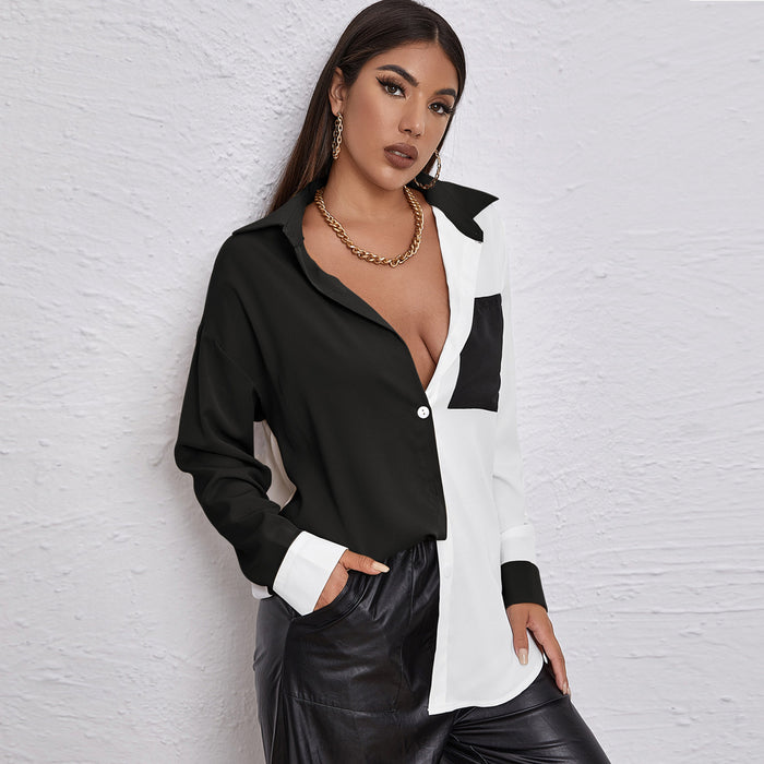 Autumn Winter Contrast Color Sexy Patchwork Top Pocket Long Sleeve Chiffon Shirt