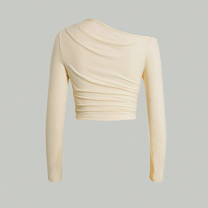 Women Clothing Sexy Pure Slant Shoulder Knitted Inner Match Outer Wear Slim Pleated Long Sleeve Bottoming Top