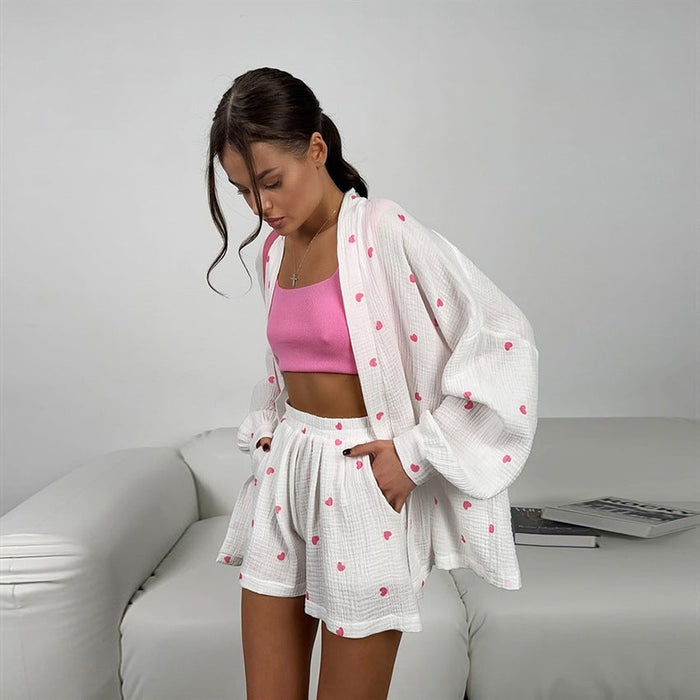 Artificial Silk Heart Printing Lace up Shorts Pajamas Suit Comfortable Breathable Ladies Homewear