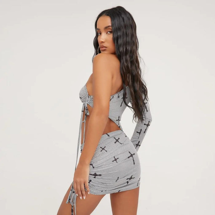 Women Clothing Lace up Cutout Cropped Cross Printed Short Skirt Two Piece Set for Women