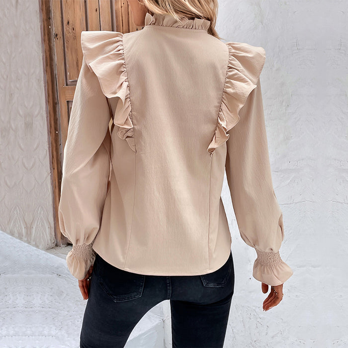 Women Clothing Spring Ruffled Long Sleeve Solid Color Shirt Women