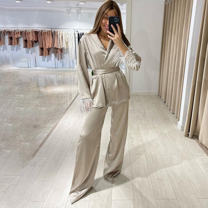 Women Clothing Casual Lazy Suit French Feather Long Sleeve Lace up Satin Two Piece Set