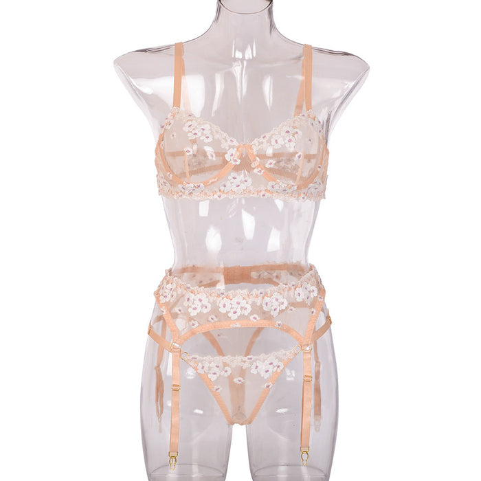 Sexy Lingerie Ladies Mini Floral at Steel Ring Embroidery Three Piece Set