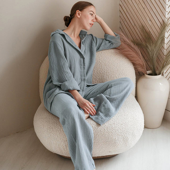 Autumn Double Layer Gauze Long Sleeved Pajamas Simple Shirt Loose Ladies Homewear Can Be Worn outside