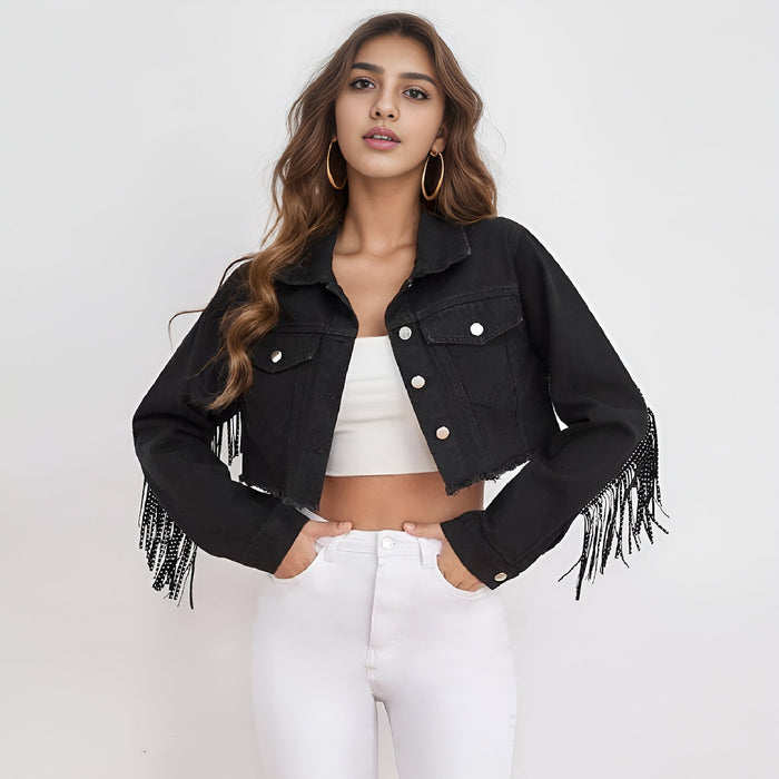 Women Clothing Denim Jacket Women Beaded Tassel Distressed Raw Edge Denim Short Jacket