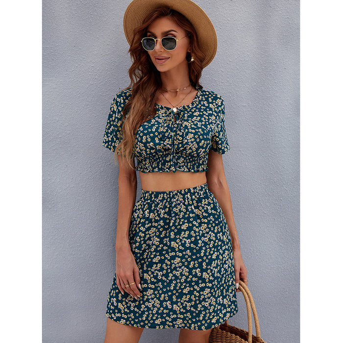 Best Women Clothes Dark Green Small Floral Wooden Ear Bare Cropped High Waist Skirt Outfit Women