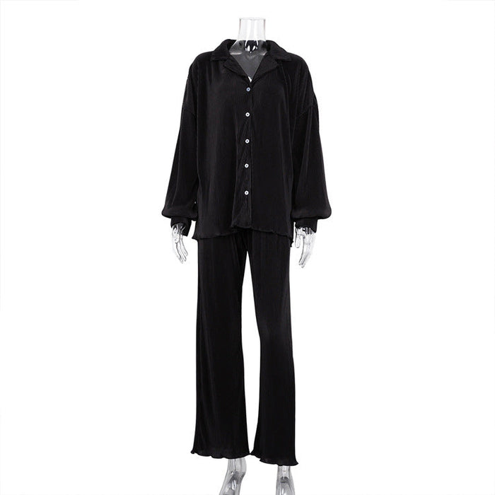 Long Sleeve Collared Pleated Shirt Women Wide Leg Mopping Drape Pleated Trousers Suit