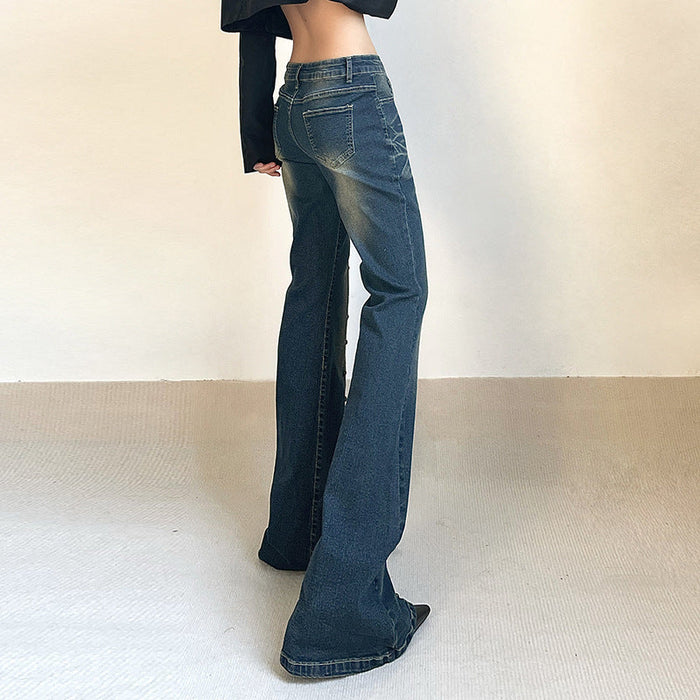 Women Special Rivet Washed Wear White Thin Leg Jeans Sexy High Waist Slimming Mopping Floor Bootcut Trousers