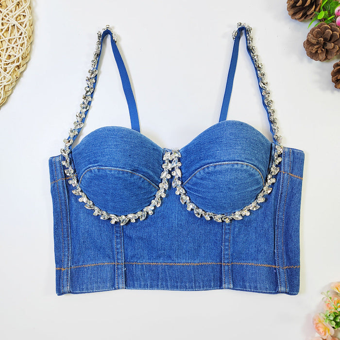 Exclusive Source Manufacturer Rhinestone Beaded Denim Bra Outer Wear Sexy Sexy Strap Tube Top