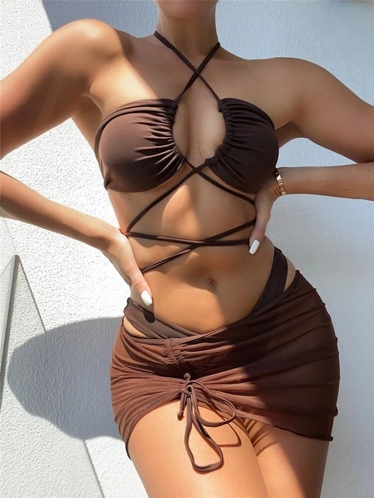 Women Split Swimsuit Solid Color Sexy Bandage Pleating Three Piece Sexy Bikini