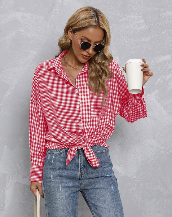 Women Top Autumn Collared Plaid Colorblock Loose Casual Shirt