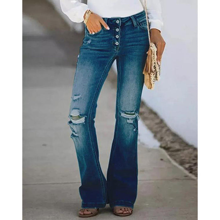 Spring Summer Retro Slimming Multi Button High Waist Micro Pull Washed Women Jeans