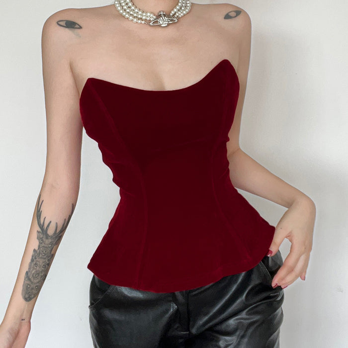 Vintage Velvet Backless Cross Lace up Waist Controlled Tube Top Irregular Asymmetric Annual Party Sexy Top Women