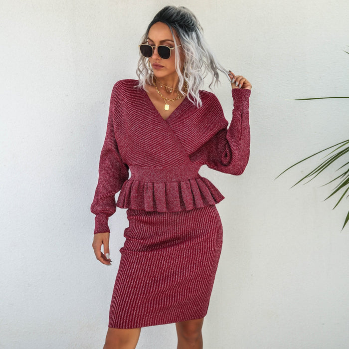 Women Clothing Autumn Winter Casual Ruffled Knitted Sweater Dress Two Piece Set