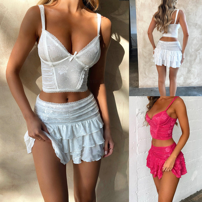 Summer Sexy Suit Sexy Strap Lace Short Top Women Cake Short Skirt Two Piece