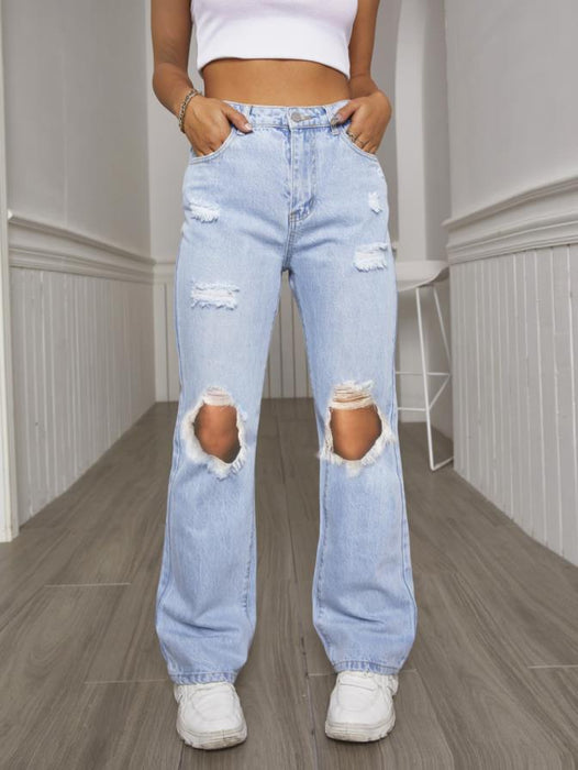 Spring Summer Holes Waist Slimming Denim Micro Pull Straight All Match Denim Trousers Women