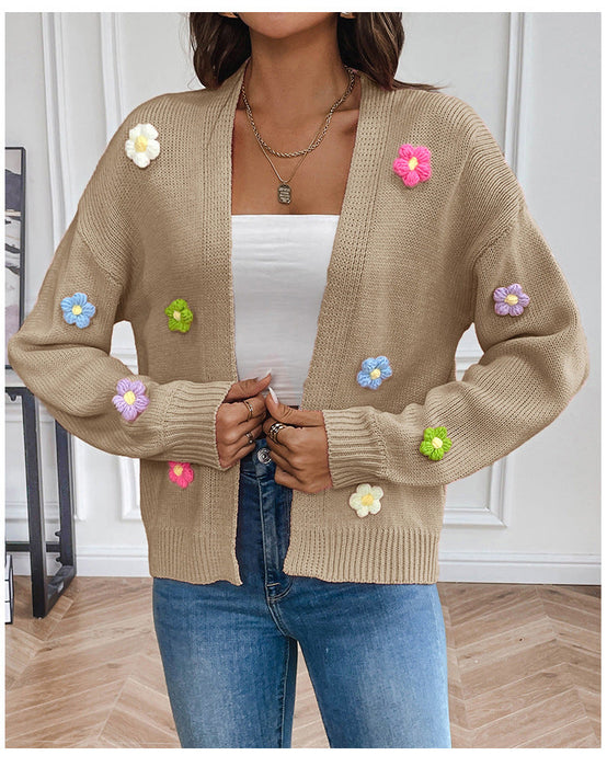 Hand Crocheting Floral Sweet Knitted Cardigan Sweater Coat Women Idle Casual Loose Sweater