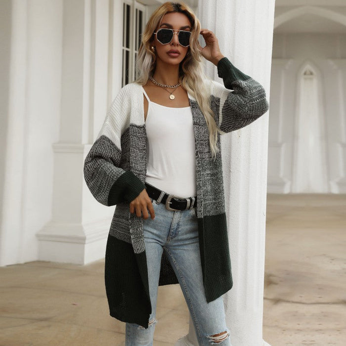 Women Clothing Autumn Winter Color Matching Bottoming V Neck Knitted Sweater Women Coat