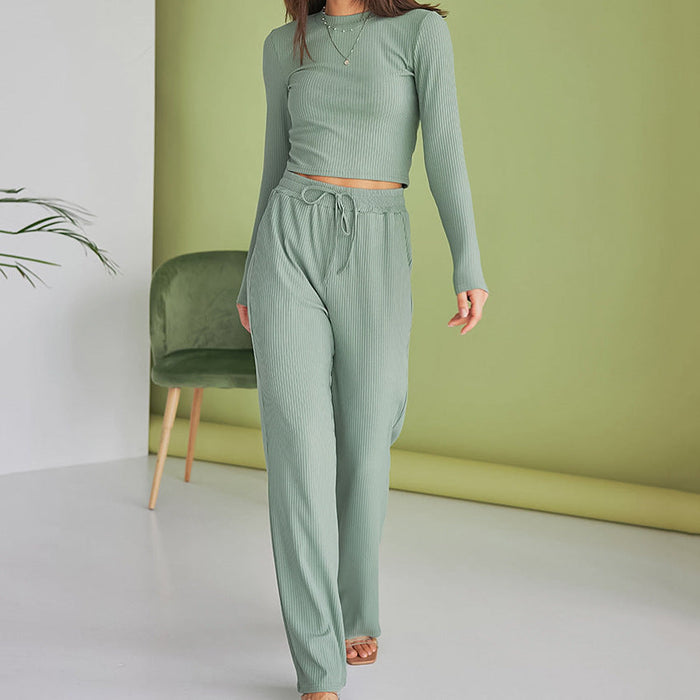 Comfortable Slim Knit Sunken Stripe Long-Sleeved Trousers Autumn Pajamas Ladie   Homewear Can Be Worn outside