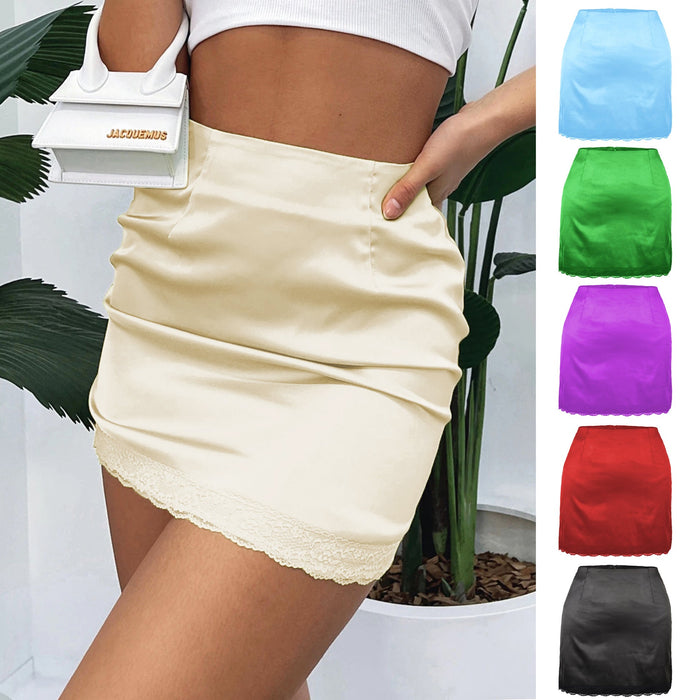 Women Clothing High Waist Sheath Solid Skirt Women Spring Summer Elastic Satin Lace Sexy Skirt