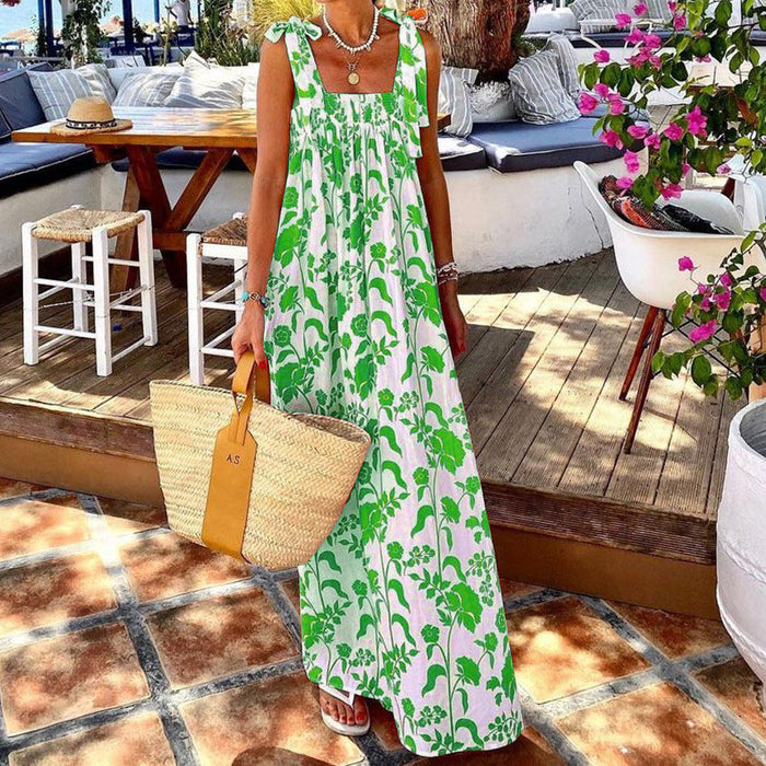 Women Clothing Summer Vacation Spaghetti-Strap Print Dress Leaf Floral Printed