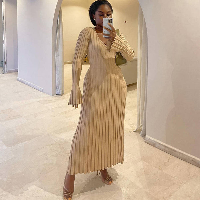 Autumn Winter Knitted Dress Casual Waist Tight V Neck Big Pit Stripe Slimming Knitted Maxi Dress Women