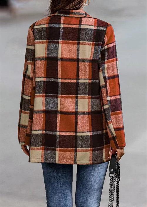 Autumn Winter Women Clothing Loose Printed Checks Long Sleeve Pocket Woolen Coat Top Outerwear