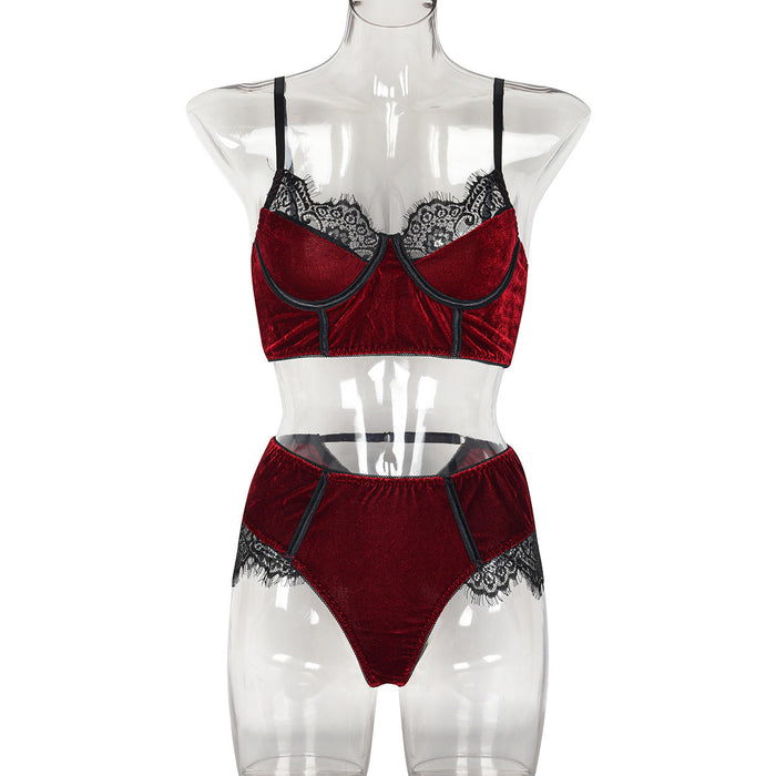 Sexy Underwear Autumn Burgundy Velvet Stitching Lace Comfortable Sexy Lingerie Set