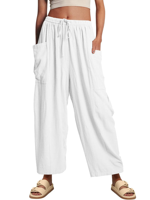 Women Clothing Elastic Waist Pleated High Waist Wide Leg Pants Loose Casual Cotton Linen Trousers