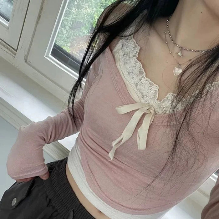 Sexy Lace Small Sling Skinny Slimming Knitted Long Sleeved Two Piece Set Pure Sweet Top for Women