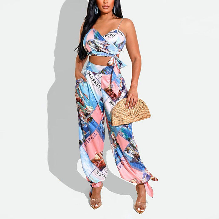 Women Clothing Summer Printed Sexy Chest Wrap Harem Pants Two Piece Set