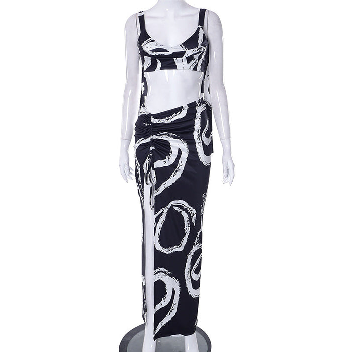 Women Clothing Spring Summer Graffiti Printing Sexy Sleeveless Chest Wrap Mid Length Skirt Set