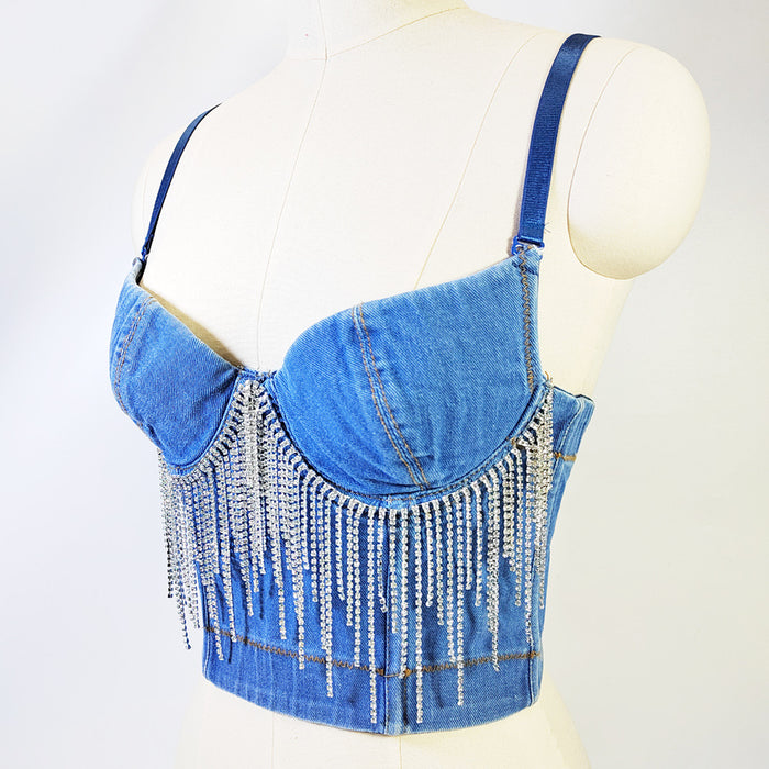 Triangle Cup Boning Corset Corset Short Sexy Tassel Chain Decoration Vest Denim Camisole V neck Tube Top