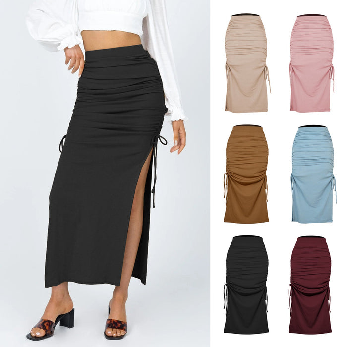 Slit Knitted Slim Skirt Pleated Tie Sexy Sheath  Women Clothing Skirt