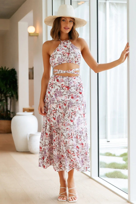 Spring Summer Pleated Lace up Backless Casual Two Piece Set Women