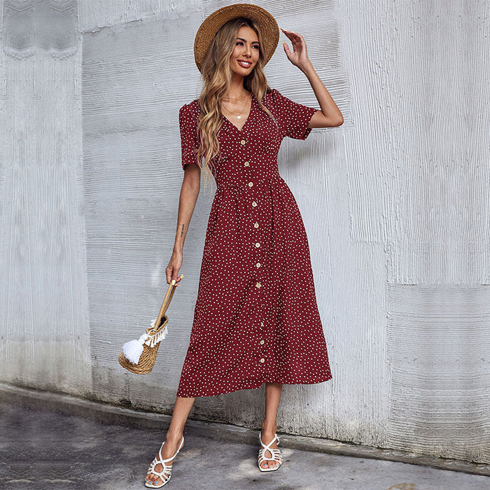 Summer Polka Dot V-neck Short Sleeve Shirt Dress