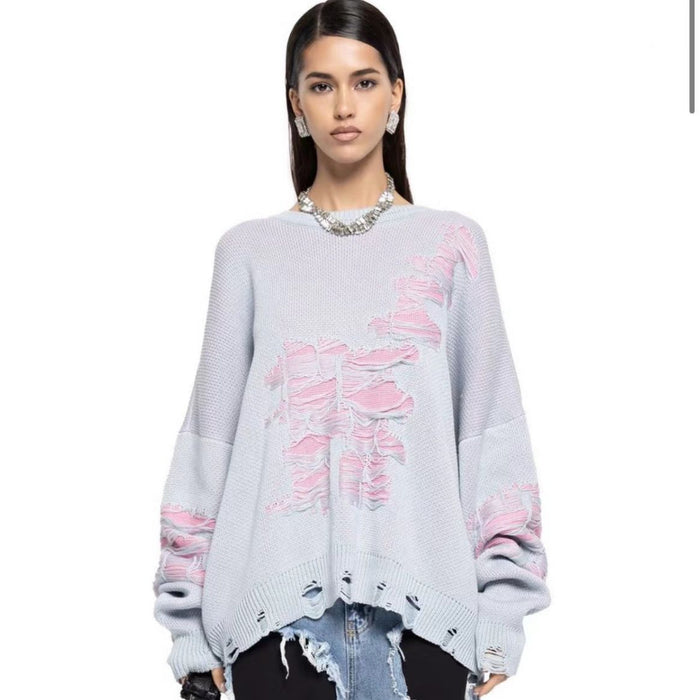 Street Loose Sweater Women Casual Loose Idle Sense Color Matching Ripped Long Sleeves Top Women Autumn Winter