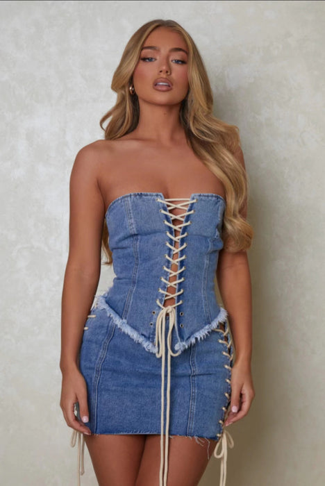 Spring Summer Popular Retro Cross Strap Adjustable Washed Denim Tube Top