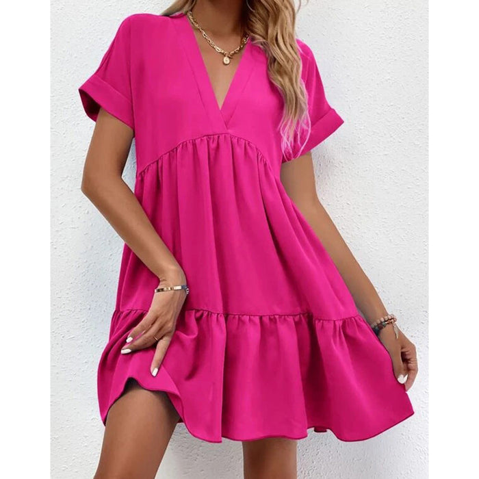 Women Solid Color Loose Waist Midi Dress V neck Dress for Women