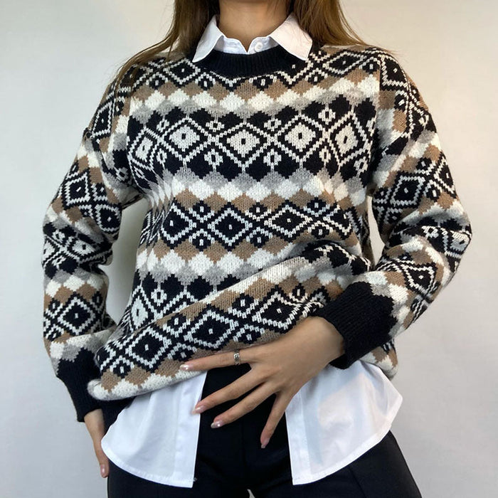 Retro Loose Long Sleeved Knitted Sweater Autumn Winter Rhombus Color Matching Shirt