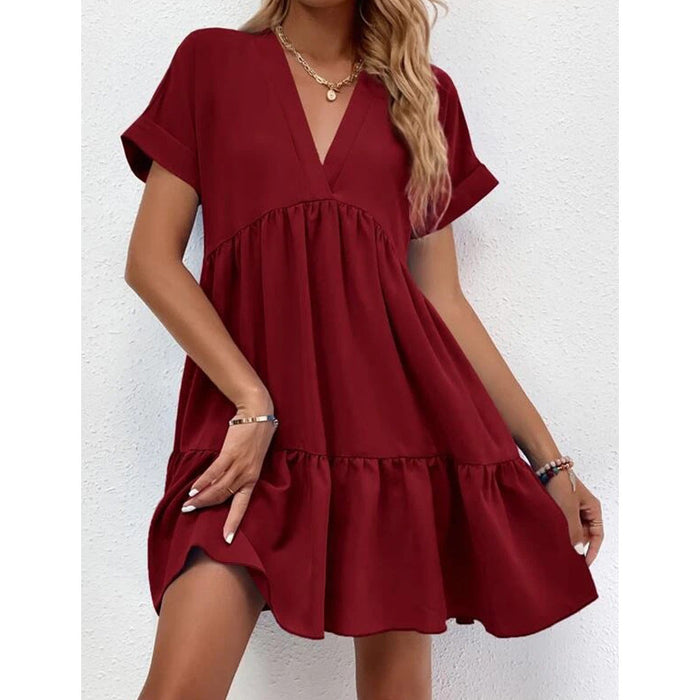 Women Solid Color Loose Waist Midi Dress V neck Dress for Women