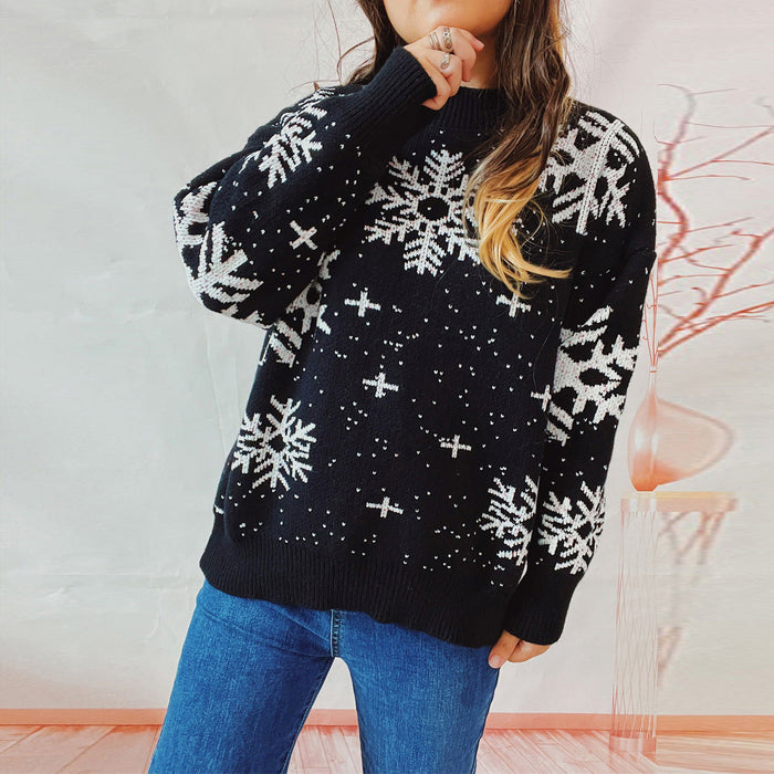 Autumn Winter Thickened Year Sweater Christmas Snowflake Round Neck Long Sleeve Knitted Pullover