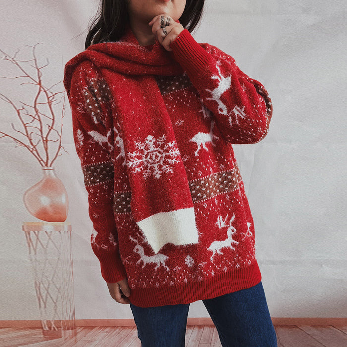 Autumn Winter round Neck Long Sleeve Deer Snowflake Jacquard Christmas Sweater Scarf Two Piece Set